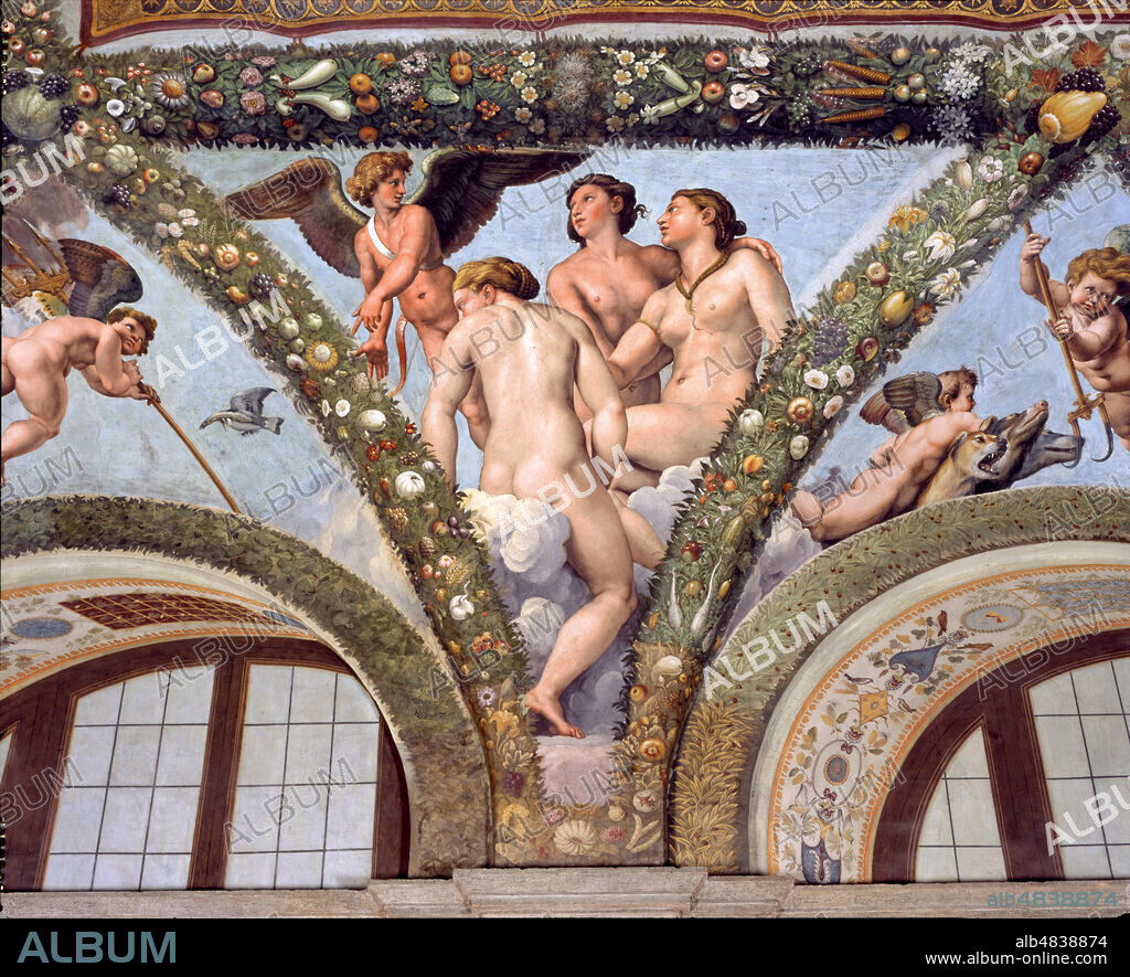 Rome, Villa Farnesina, Loggia of Cupid and Psyche: one vault pendentive representing Cupid and the Graces.. Fresco by Giulio Romano on a Raphael's draft (1517-18).