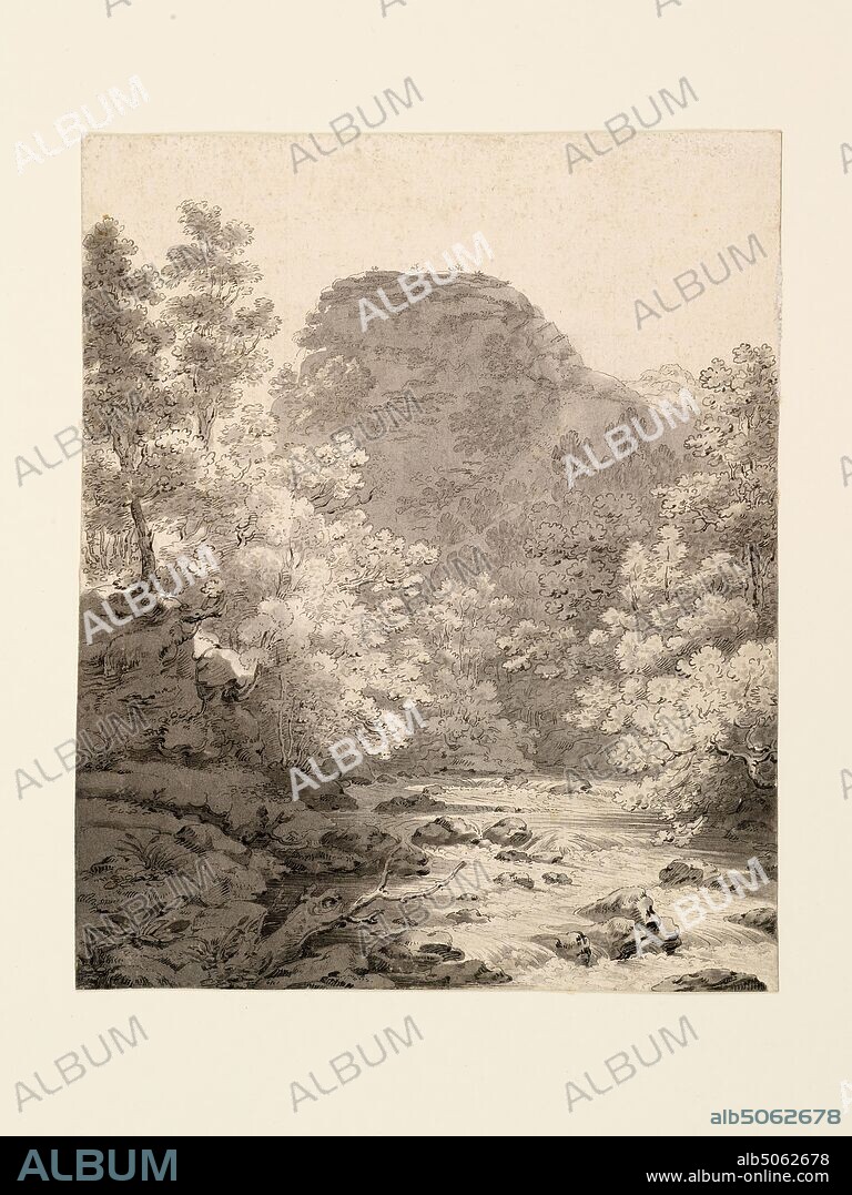 View from the Mill at Lodore, Cumberland, 1789-1794 by William Gilpin. Tree, Watercolour, Ink, River, Countryside, England, Lake District, UK, Britain, Europe.