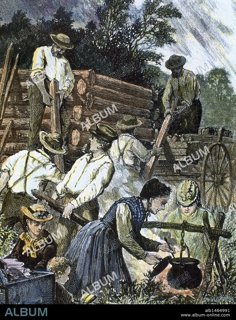 HISTORIA DE LOS ESTADOS UNIDOS DE AMERICA. S. XIX. COLONOS recién llegados al Oeste construyendo sus casas en las nuevas tierras (1874). Grabado coloreado.