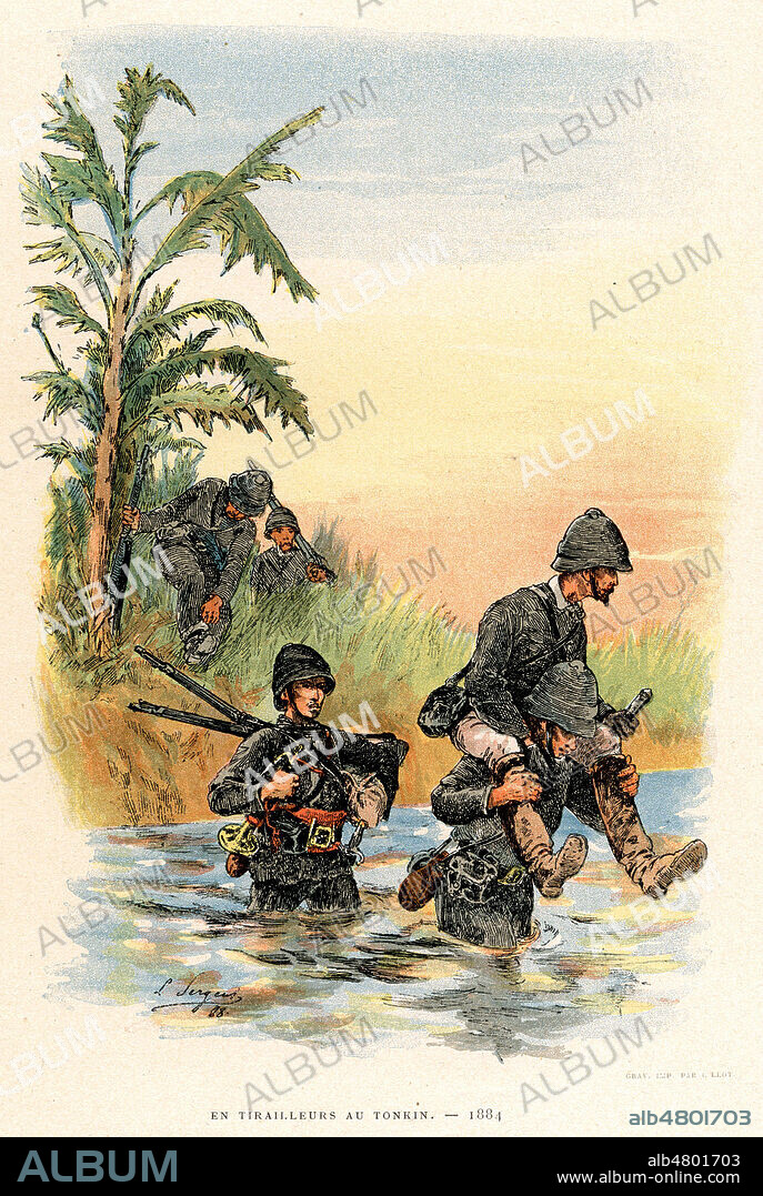 En tirailleurs au Tonkin, 1884. Illustration de 1888 par Lucien SERGENT (1849-1904) pour Autour du Drapeau tricolore 1789-1889 par le general Charles THOUMAS (1820-1893). Credit : Collection Jonas/Kharbine-Tapabor.