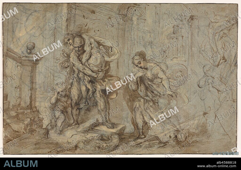 Aeneas Saving Anchises at the Fall of Troy, 1587-1588. In book two of Virgil?s epic poem The Aeneid (29-19 bc), the Trojan hero Aeneas escapes with his family from the burning city of Troy and its Greek invaders. Here the artist shows them making their way through a lavish, classical corridor. Aeneas carries his elderly father Anchises, who holds their household gods. These acts stress the theme of domestic virtue. Aeneas?s son Ascanius and his wife Creusa follow, although Creusa?s separation from the principal group alludes to her fate; she will not survive their flight. This drawing was at one time owned by the painter Peter Paul Rubens (1577-1640). Other sketches for Aeneas, Anchises, and Creusa can be seen in the right margin.