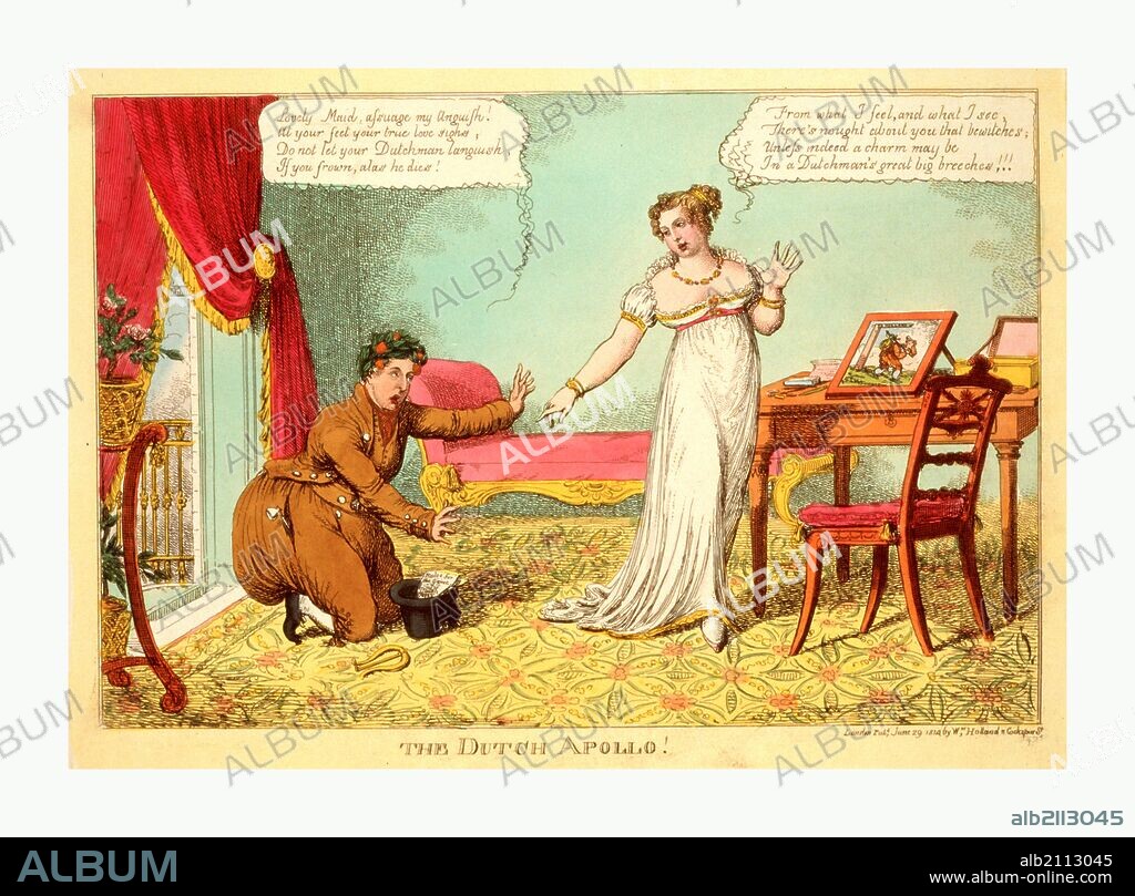 The Dutch Apollo!, London, 1814, the Prince of Orange, dressed like a Dutchman in (English) caricature, kneels with arms extended imploring at the feet of Princess Charlotte. He wears Apollo's wreath, decorated with small oranges.