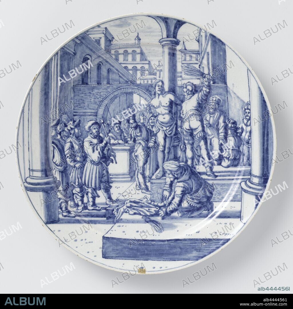 Plate with the Flagellation of Christ Plate with the flogging of Jesus, Plate of faience with representations from the life of Christ after engravings by Hendrick Goltzius., flagellation by soldiers, Christ usually tied to a column (Matthew 27:26, Mark 15:15, John 19: 1), De Roos (attributed to), Delft, c. 1700 - c. 1725, d 25.5 cm.