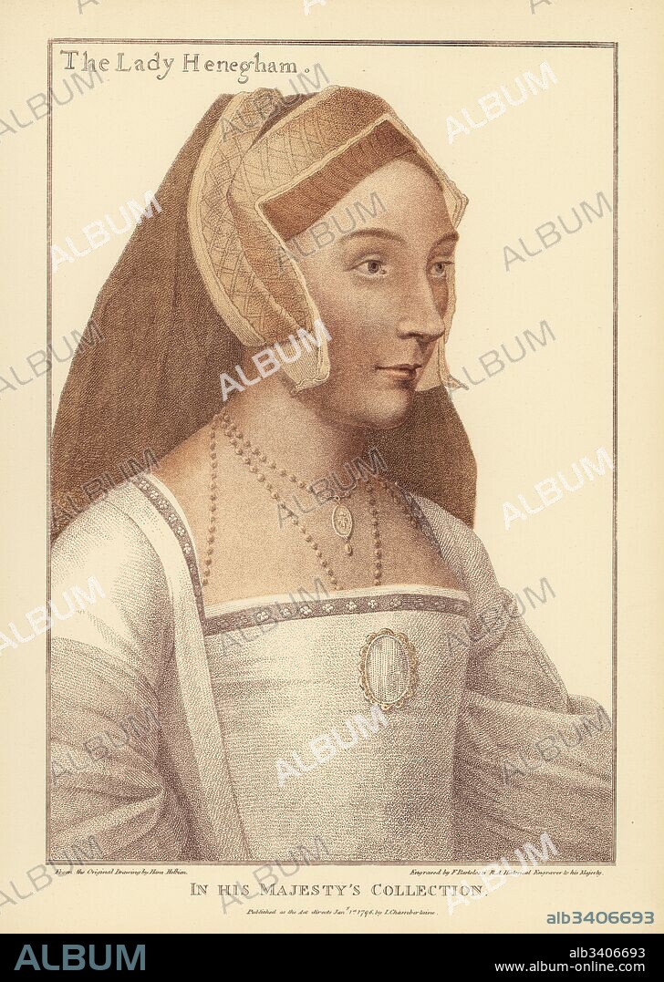 Mary Shelton, Lady Heveningham, wife of Sir Anthony Anthony Heveningham of Ketteringham, mistress of King Henry VIII. Handcoloured copperplate engraving by Francis Bartolozzi after Hans Holbein from Facsimiles of Original Drawings by Hans Holbein, Hamilton, Adams, London, 1884.