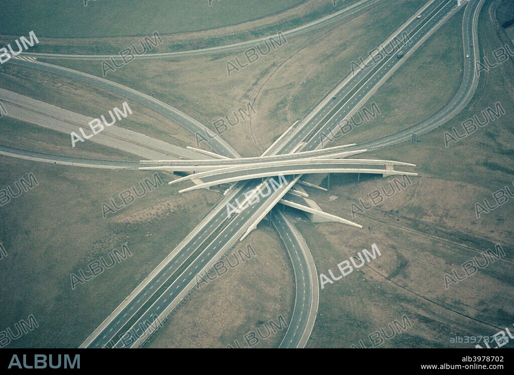 Almondsbury Interchange motorway junction, Bristol, 1970. At the Almondsbury Interchange (Junction 15 on the M5 and Junction 20 on the M4) the M4 is carried over the M5. When this picture was taken this section of the M4 was open while the M5 was still under construction.