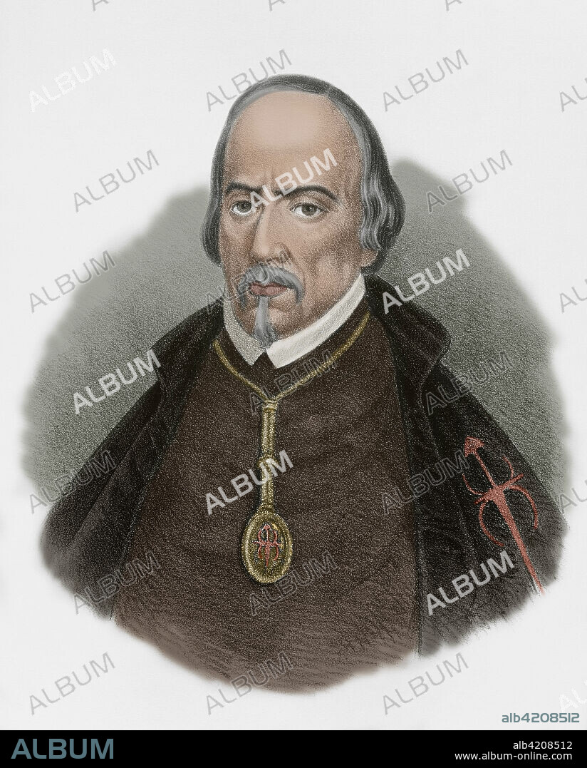 Pedro Calderón de la Barca (1600-1681). Escritor español barroco del Siglo de Oro y caballero de la Orden de Santiago. Retrato. Litografía. Coloreada. Crónica General de España, Historia Ilustrada y Descriptiva de sus Provincias. Castilla-La Nueva, 1869.