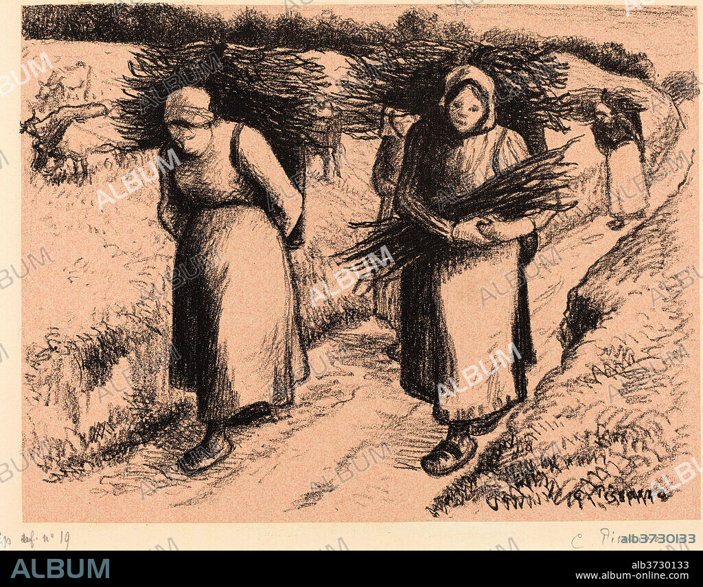 CAMILLE PISSARRO. Peasants Carrying Sticks (Paysannes portant des fagots). Dated: 1896. Dimensions: image: 21 x 28.5 cm (8 1/4 x 11 1/4 in.)  sheet: 31.7 x 45 cm (12 1/2 x 17 11/16 in.). Medium: lithograph (zinc) on pink Chine colle paper.