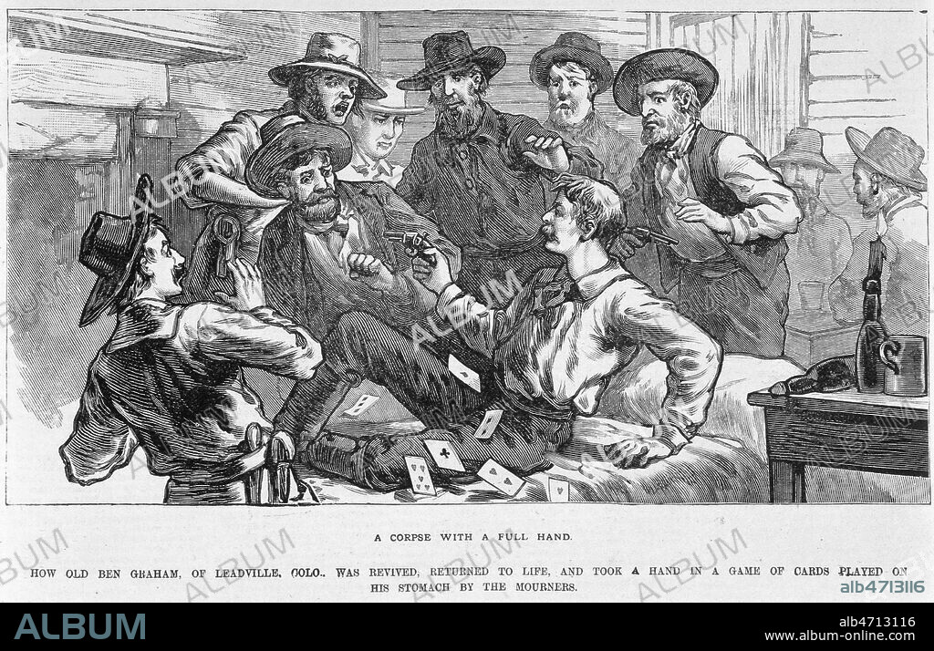'A corpse with fullhand' tricheur au poker. Illustration tiree de la National Police Gazette en 1883. Credit : Collection KHARBINE-TAPABOR.