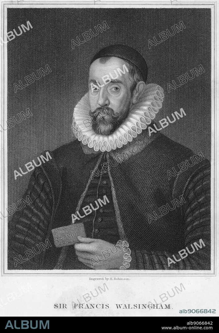 Sir Francis Walsingham, Secretary of State to Elizabeth I, late 16th century. English statesman Walsingham (1530-1590) was principal secretary to Queen Elizabeth I from 1573 until th eyear of his death. He was a skilled diplomat whose knowledge of languages and capacity to organize espionage activities made him invaluable in the execution of Elizabeth's foreign policy. From 'Portraits of Illustrious Personages of Great Britain' by Edmund Lodge, London, 1840.