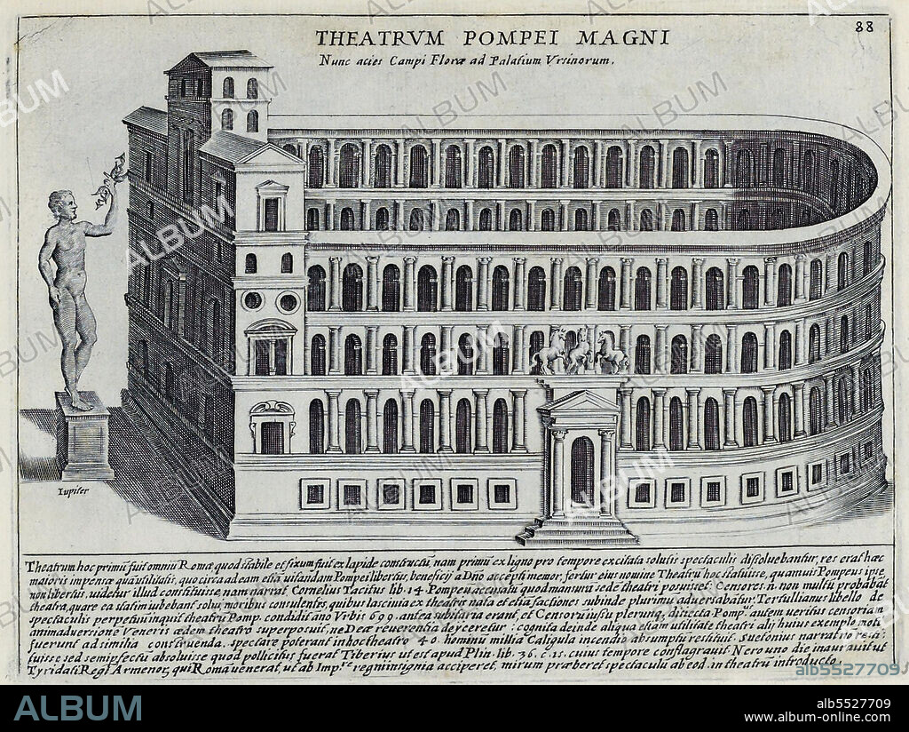 Das Theater des Pompeius war das erste permanente Steintheater in Rom. Es wurde von Pompeius auf dem Campus Martius gebaut, historisches Rom, Italien, Splendore Dell' Antica Roma: The Splendors of Rome, Circa 1625 .
