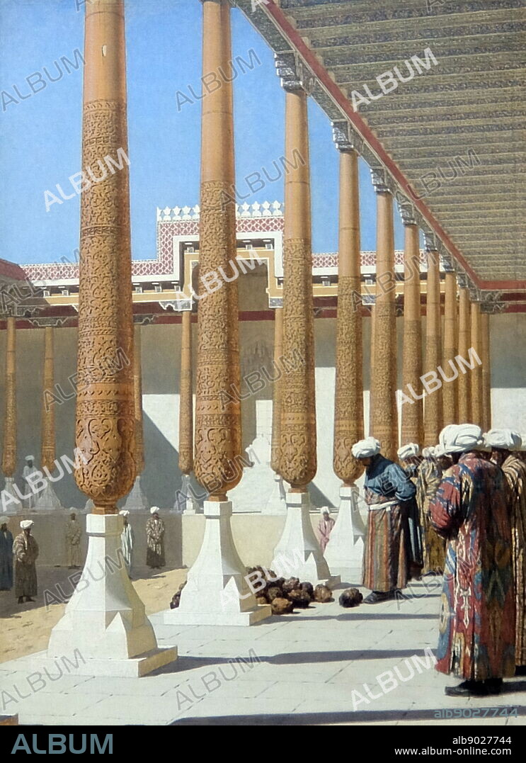 Painting titled 'Display of Trophies' by Vasily Vereshchagin. Vasily Vasilyevich Vereshchagin (1842-1904) a Russian artist.