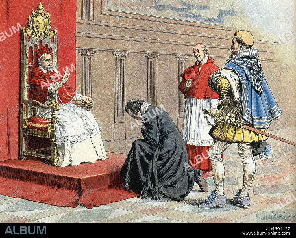 Armand du PLESSIS (futur cardinal de RICHELIEU (1585-1642) devant le pape PAUL V (1552-1621) qui accepte sa dispense d'age pour le nommer eveque de Lucon en 1607. Illustration de 1901 par Maurice LELOIR (1851-1940) pour Richelieu de Theodore CAHU (1854-1928). Credit : Coll. Jonas/KHARBINE-TAPABOR.