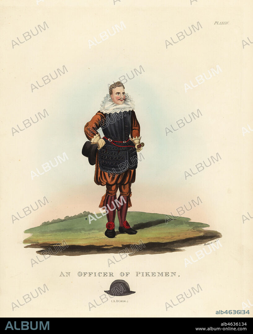An officer of pikemen in corselet holding a wide-brimmed hat and sword, 1616. From Bingham's Tactics. Handcoloured lithograph by Maddocks after an illustration by S.R. Meyrick from Sir Samuel Rush Meyrick's A Critical Inquiry into Antient Armour, John Dowding, London, 1842.