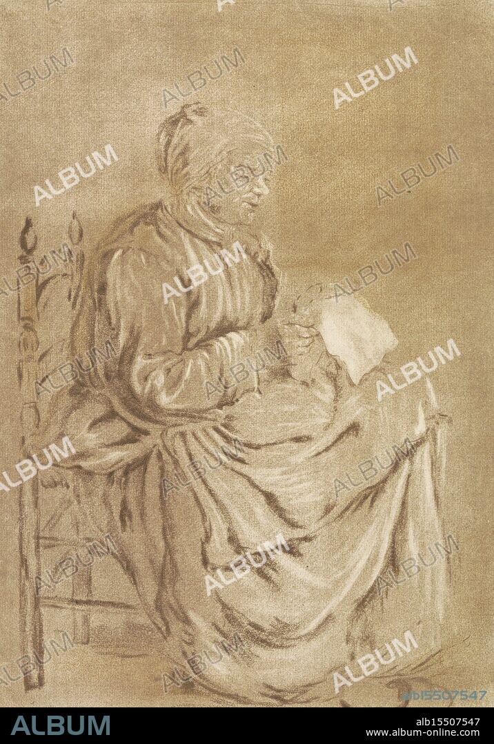 Metsu, Gabriël, Amsterdam, Cootwijck, Jurriaan, Reading old woman, verso engraved, An old woman sits on a chair and reads from a sheet of paper. The print has a Dutch caption., print, prints, verso cardboard and verso print - stamped, height 320 mm, width 232 mm, Northern Netherlands, 1714-05-10 - 1798-01-16, print maker, printmaker, 1760 - 1760, paper, papier, prenttekening, crayonmanier, 1629-01 - 1667-10-24, intermediary draughtsman.
