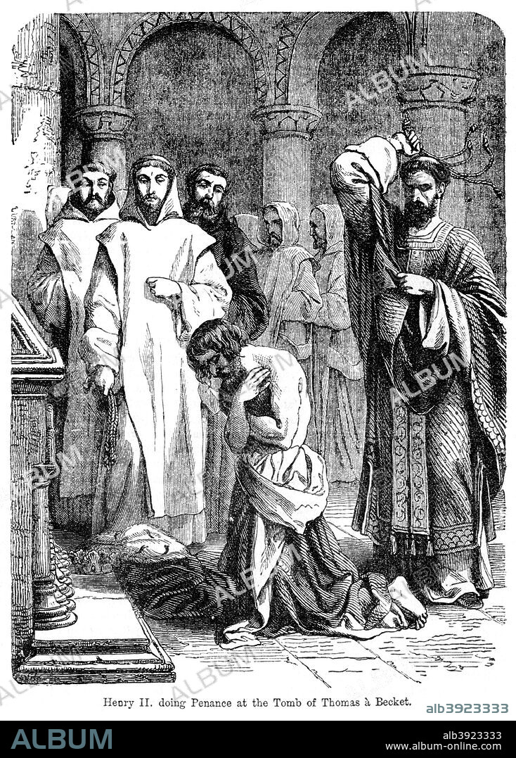 King Henry II (1133-1189) doing penance at the tomb of Thomas a Becket. Henry ruled as King of England from 1154 to 1189. He was the first Plantagenet (or Angevin) King. St Thomas Becket (c1118-1170) was Archbishop of Canterbury from 1162 to 1170. He is venerated as a saint and martyr by both the Roman Catholic Church and the Anglican Church. He engaged in a conflict with King Henry II over the rights and privileges of the Church and was assassinated by followers of the king in Canterbury Cathedral. He is also commonly known as Thomas à Becket, although this form may not have been contemporary. From Cassell's Illustrated History of England.