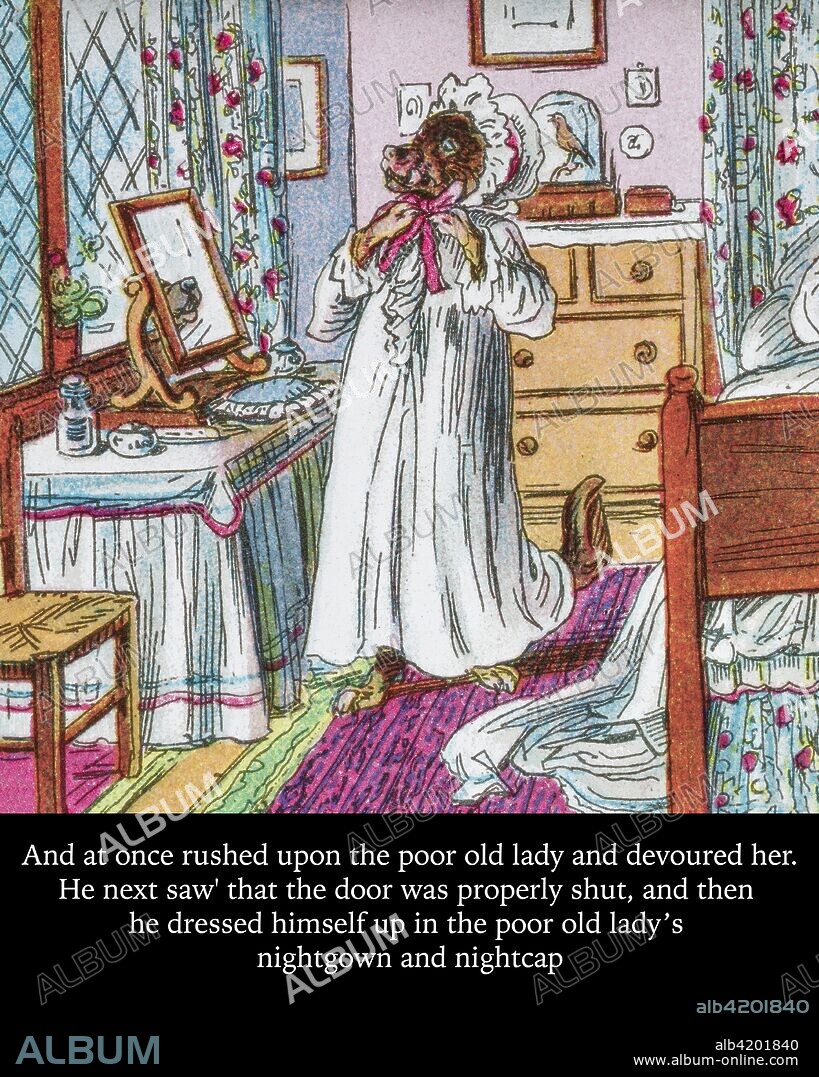 Coloured page of an illustration and storyline in a child's storybook, Little Red Riding Hood, with the big bad wolf in Grandmother's house dressing in her nightgown.