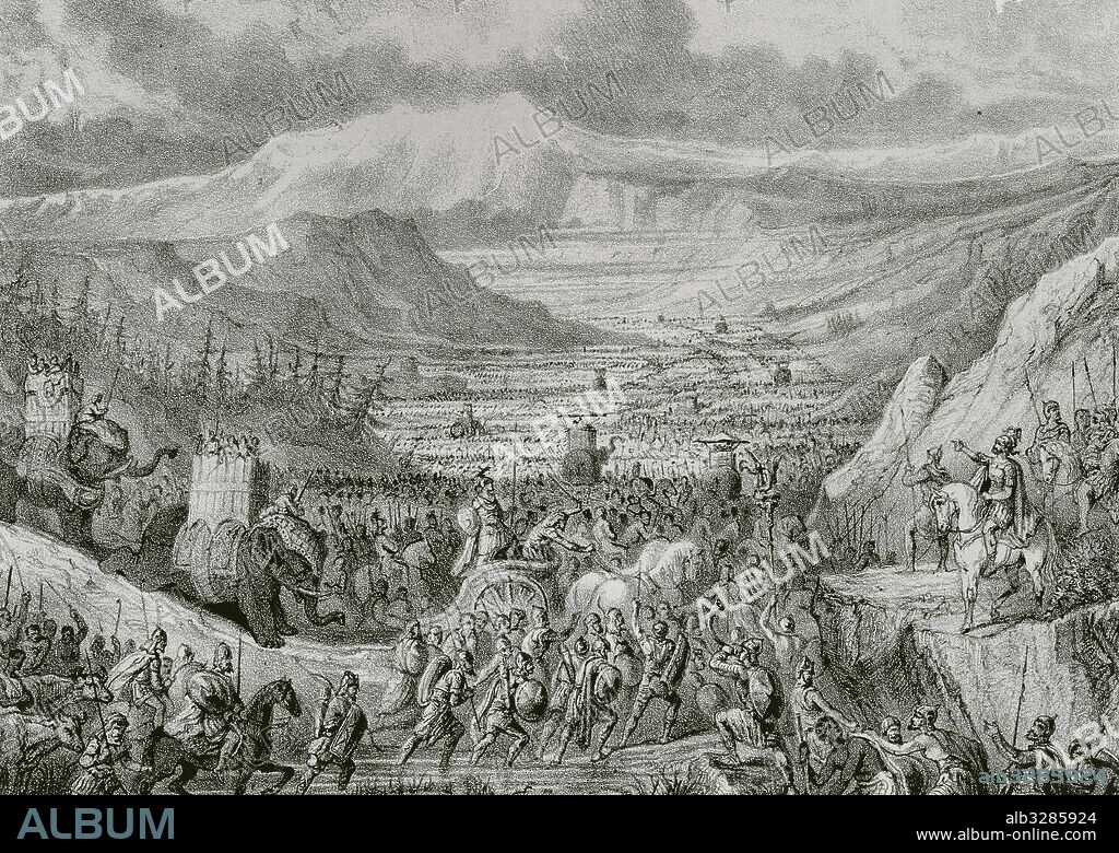 SEGUNDA GUERRA PUNICA (-218 a-201). Guerra que enfrentó a romanos y cartagineses por el dominio del Mediterráneo. ANIBAL (h.247 a.C.-Bitinia,183 a.C.). General cartaginés que en el 218 a.C., con 80.000 hombres y 37 elefantes, atravesó en cinco meses los Pirineos y los Alpes durante la guerra púnica en dirección a Roma. Travesía de los Alpes. Grabado.