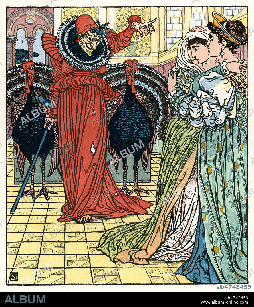 Sorciere. Illustration de 1875 par Walter CRANE (1845-1915) pour le conte Le nain jaune de Mme d'AULNOY (c.1650-1705) reprise en 1892 dans L'art du rire et de la caricature par Arsene ALEXANDRE (1859-1937). Credit : Coll. KHARBINE-TAPABOR.