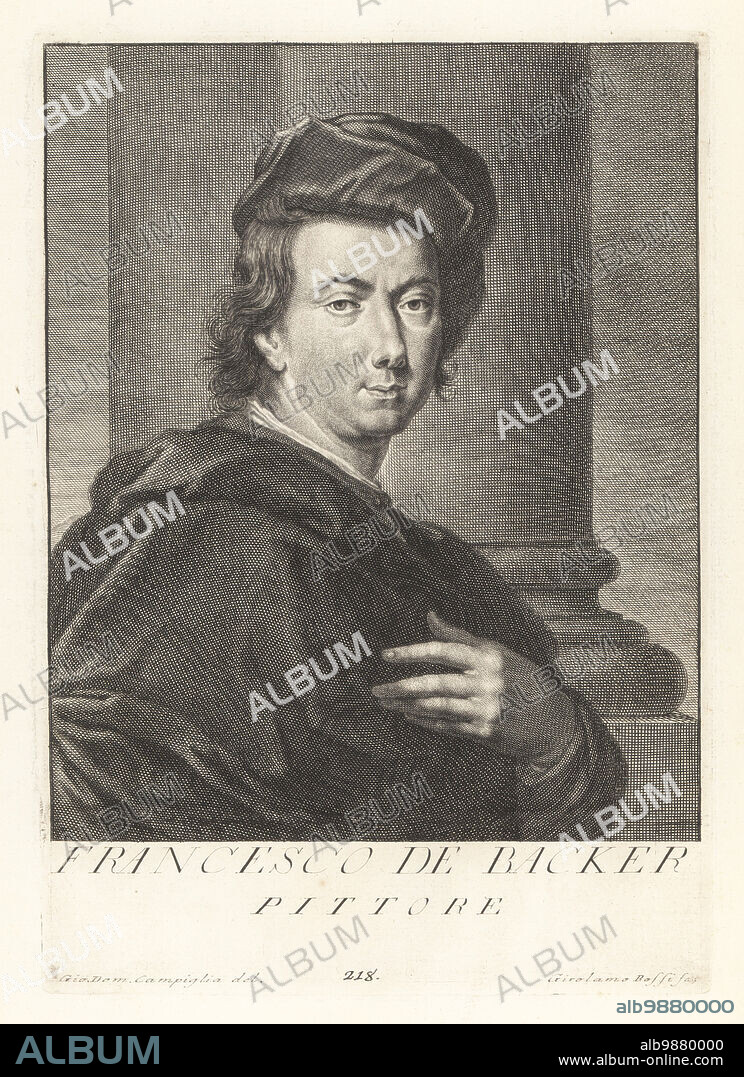 Franz de Backer, Flemish painter and graphic artist, representative of the post-Rubensian Flemish Baroque, c.1680-1750. Court painter to Elector Palatine Johann Wilhelm II and later Cosimo III de' Medici. Francesco de Backer, Pittore. Copperplate engraving by Girolamo Rossi after Giovanni Domenico Campiglia after a self portrait by the artist from Francesco Moucke's Museo Florentino (Museum Florentinum), Serie di Ritratti de Pittori (Series of Portraits of Painters) stamperia Mouckiana, Florence, 1752-62.