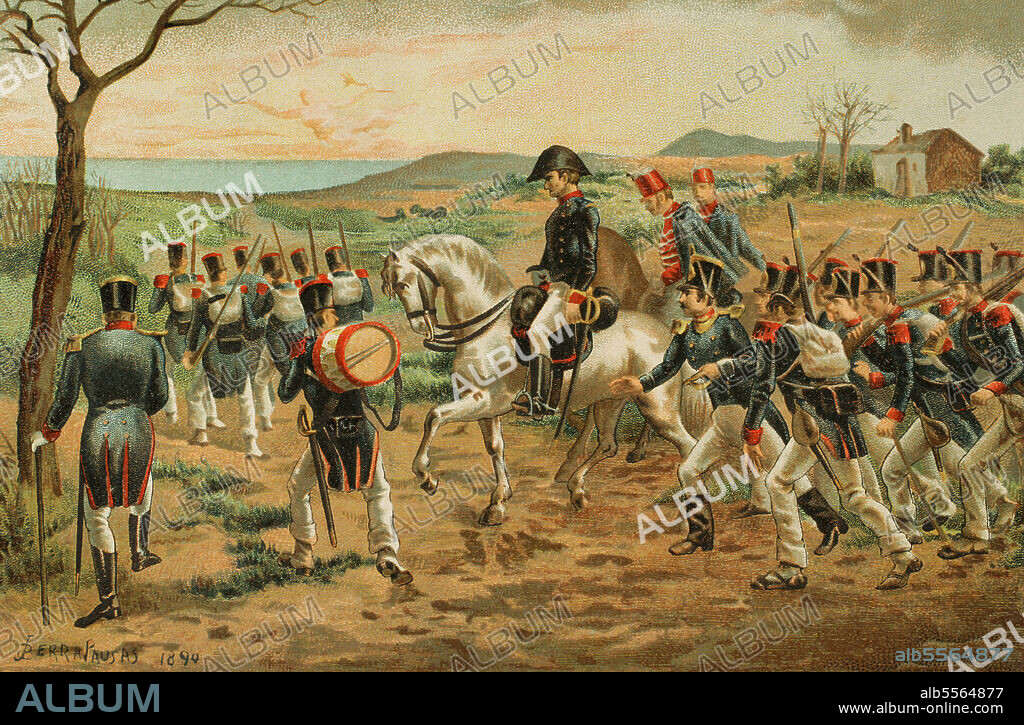 JOAN SERRA PAUSAS (ACTIVE 1861-1902). SPANISH ARTIST.. Rafael del Riego (1784-1823). Militar y político español. En Cabezas de San Juan proclamó la Constitución liberal de Cádiz inaugurándose así el llamado Trienio Liberal. La columna revolucionaria del comandante Riego. Ilustración por Serra Pausas. Cromolitografía. Historia de la Revolución Española (desde la Guerra de la Independencia a la Restauración en Sagunto), por Vicente Blasco Ibáñez. Tomo II. Publicado en Barcelona, 1891.
