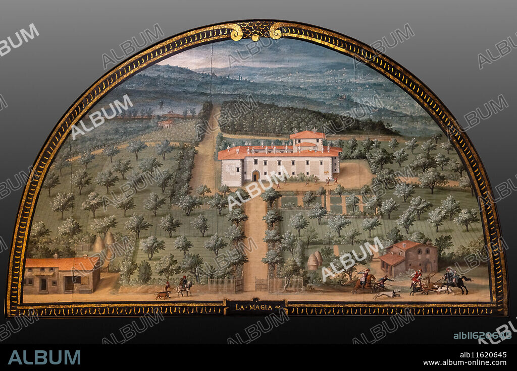 Medici Villa La Petraia: "the Medici villa La Magia", in the lunette called "La Magia", one of the fourteen lunettes by Giusto Utens, Italianized name of Iustus van Utens, 1599-1602. This villa is located in Quarrata. The lunettes present idyllic aerial views of calligraphic precision, very decorative and precious evidence of the appearance of these buildings in the past. They were painted for the Medici villa of Artimino as an "inventory" (today we would say "cadastre") of the possessions of the Grand Duke Ferdinando I de' Medici, and after various moves, they are preserved today in the Villa La Petraia. Originally there were 17, but only 14 have reached us.