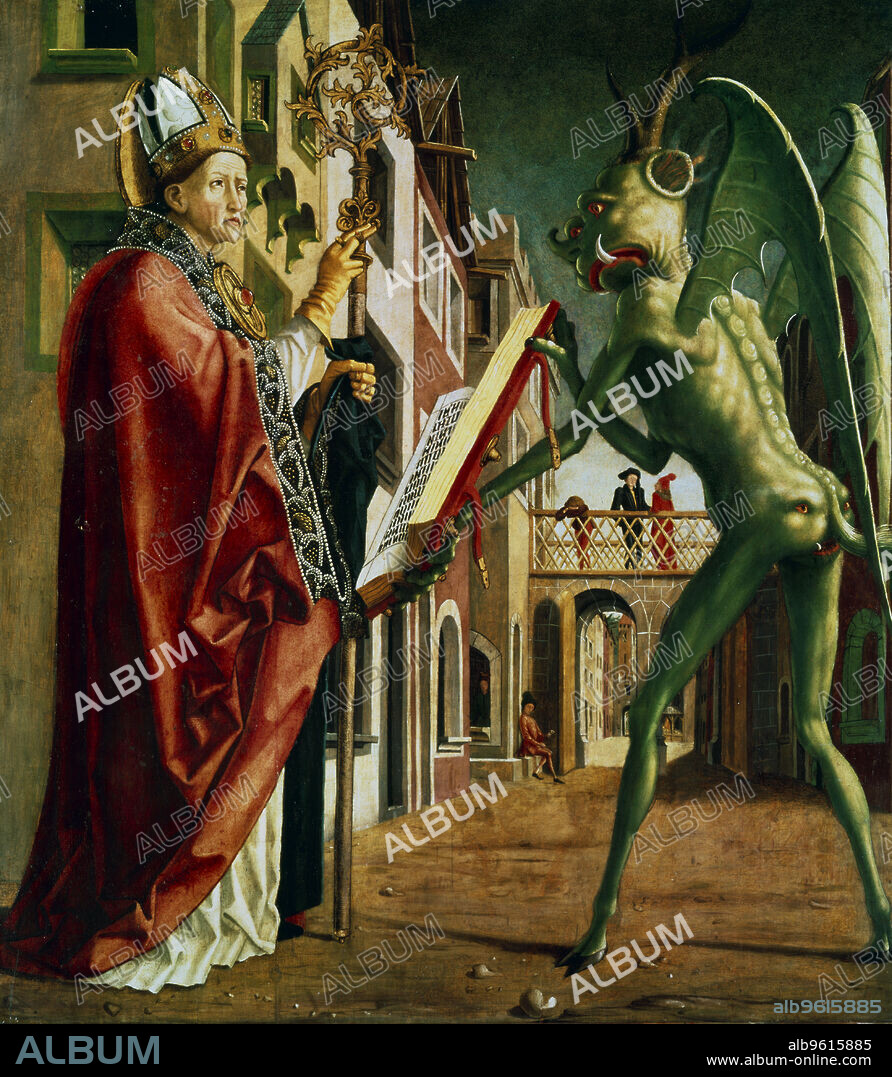 MICHAEL PACHER. 'The Devil Presenting St Augustin with the Book of Vices', c1455-1498. One of the four great doctors of the early Christian Church, St Augustine of Hippo (354-430) is depicted in bishop's robes wearing a mitre and carrying a crozier.