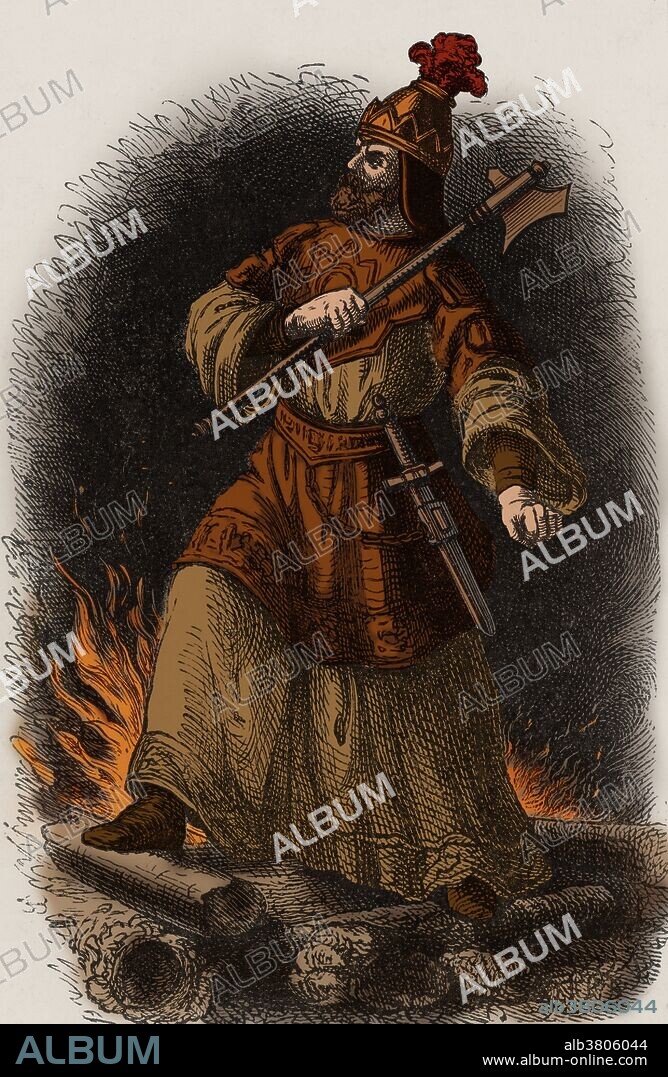 Called the Scourge of God (flagellum dei) by the Romans, Attila the Hun (born 406 AD) was king and general of the Hun empire from A.D. 433 to 453. Attila's first order of affairs was to unite his subjects for the purpose of creating one of the most formidable and feared armies Asia had ever seen. In 441 Attila's Huns attacked the Eastern Roman Empire. The success of this invasion emboldened Attila to continue his westward expansion. Passing unhindered through Austria and Germany, Attila plundered and devastated all in his path. In 451, having suffered a setback on the Plains of Chalons, by the allied Romans and Visigoths, Attila turned his attention to Italy. After having laid waste to Aquileia and many Lombard cities in 452, the Scourge of God met Pope Leo I who dissuaded him from sacking Rome. On the night of his wedding Attila passed out flat on his back and had a massive nosebleed which caused him to choke on his own blood.