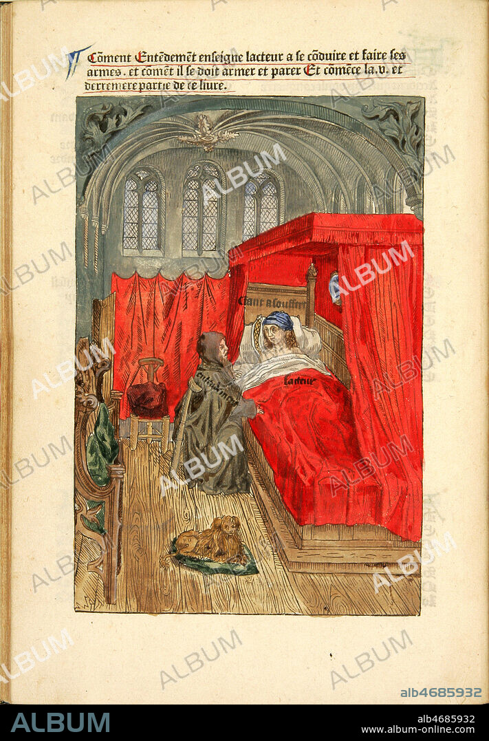 Fin du poeme: L'Acteur, remit aux mains de l'ermite Entendement qui doit le preparer a la grace d'une bonne mort. Le Chevalier Delibere, poeme a la gloire de la cour de Bourgogne ecrit par Olivier de la MARCHE (1425-1502) diplomate, poete et chroniqueur de la cour de Bourgogne sous Charles le Temeraire, puis page de Philippe le Bon, redaction achevee en 1483. Un des ouvrages illustrés les pus importants de l'epoque. Ouvrage imprime vers 1489 a Gouda, bois colorie selon les instructions de l'auteur. Incunable 15eme siecle.C'est un des ouvrages que Charles Quint emporte avec lui en 1557 au monastere de Yuste, considéré comme son livre de chevet Credit MIGNY/KHARBINE TAPABOR.