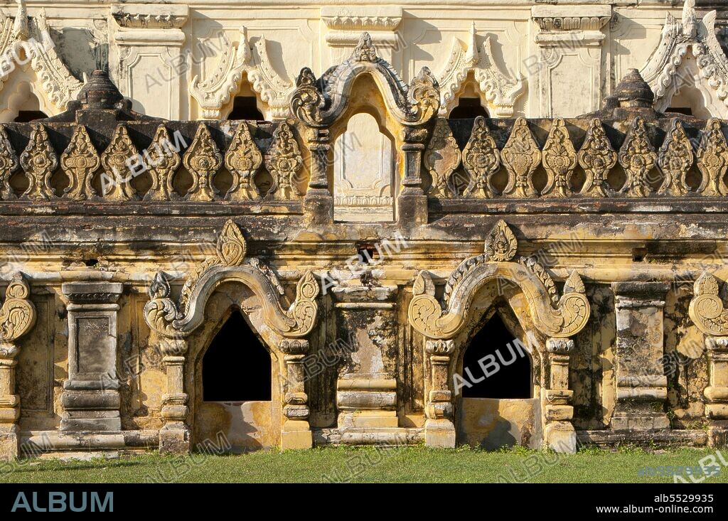 The Maha Aung Mye Bonzan Monastery was built in 1822 by Nanmadaw Me Nu, the first queen of King Bagyidaw (1784 - 1846). Inwa was the capital of Burma for nearly 360 years, on five separate occasions, from 1365 to 1842. So identified as the seat of power in Burma that Inwa (as the Kingdom of Ava, or the Court of Ava) was the name by which Burma was known to Europeans down to the 19th century.