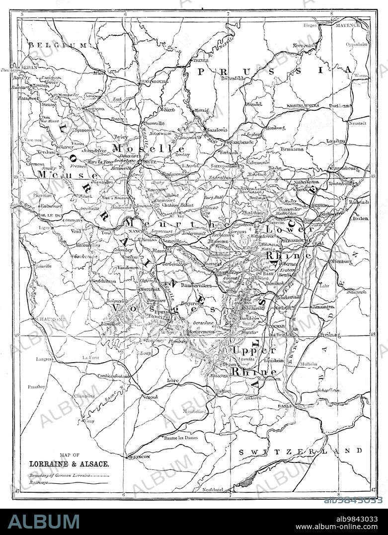 'Map of Lorraine and Alsace; Alsace and Lorraine', 1875. From 'Illustrated Travels' by H.W. Bates. [Cassell, Petter, and Galpin, c1880, London] and Galpin.