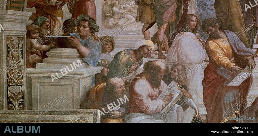 RAFAEL SANZIO O RAFAEL DE URBINO. DETALLE DE LA ESCUELA DE ATENAS (1510-1511) - JESUS NIÑO, RAFAEL NIÑO, PERUGINO Y JESUS A LOS 12 AÑOS Y MAS ADELANTE EN PIE MIRANDONOS CR.
