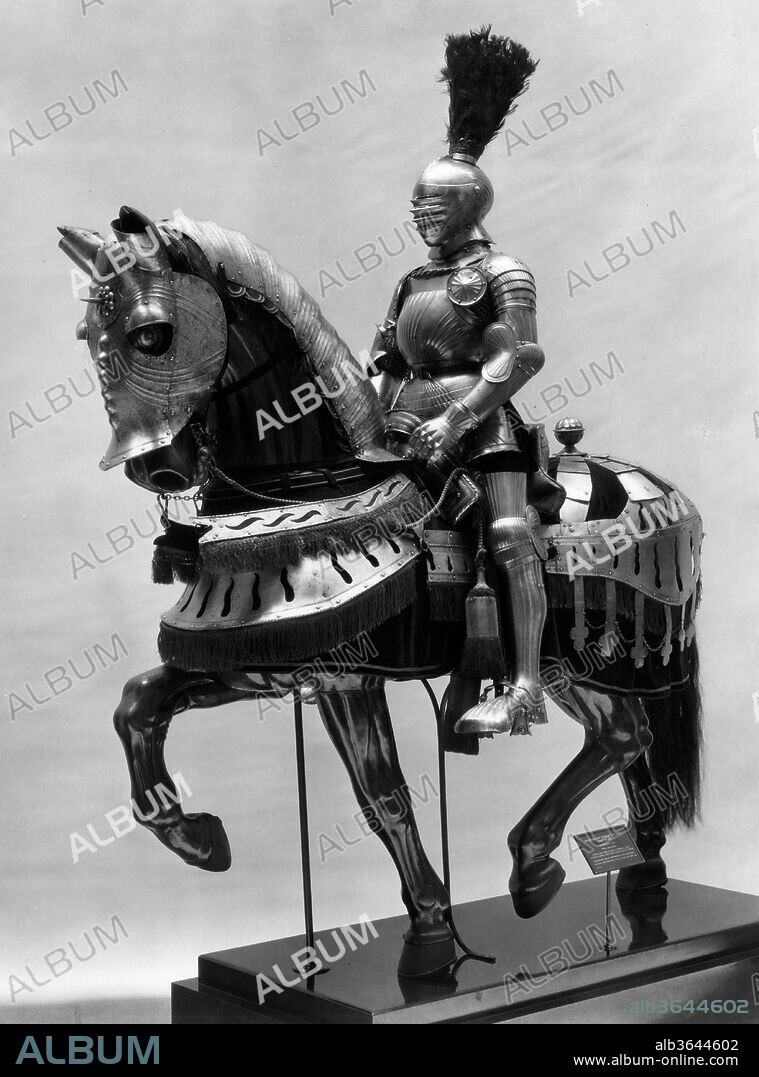 Armor for Man and Horse with Horse Trappings. Culture: German. Dimensions: Wt. of armor for man 61 lb. 11 oz. (28.05 kg); Wt. of armor for horse 63 lb. 13 oz. (29.00 kg); 29.158.4aa (shaffron); H. 27 in. (68.6 cm); W. 13 in. (33 cm); D. 15 in. (38.1 cm); Wt. 8 lb. 0.6 oz. (3645.7 g). Date: ca. 1515 and later.
