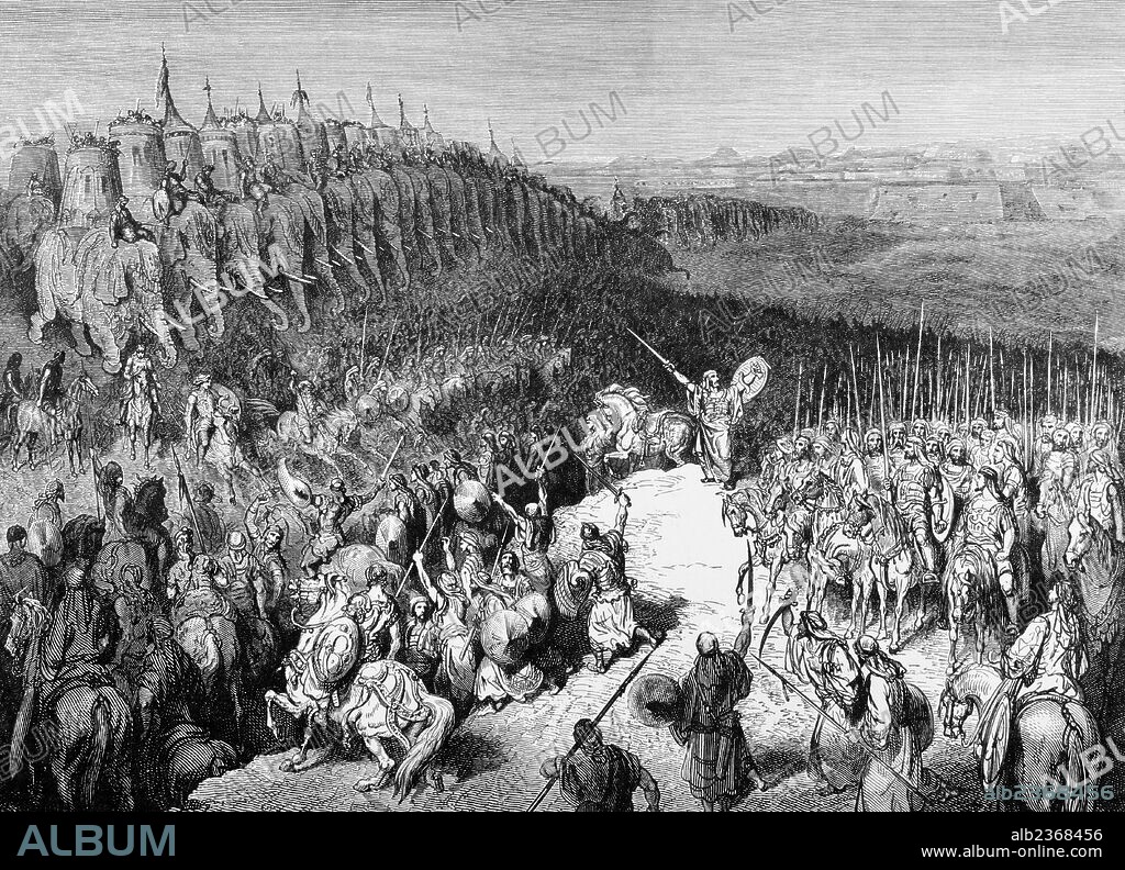 ANTIGUO TESTAMENTO. "JUDAS MACABEO EN PRESENCIA DEL EJERCITO DE NICAMOR". Macabeos, Libro I, Capítulo XV. Versículos 20-24. Dibujo de G. Doré. Grabado de Bapbant (siglo XIX) .