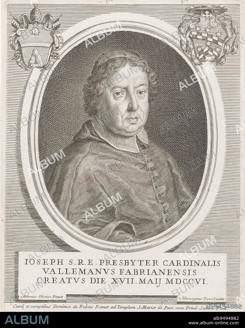 Portrait of Cardinal Giuseppe Vallemani, print maker: Girolamo Rossi (II), (mentioned on object), after: Antonio Odazzi, publisher: Domenico de'Rossi, (mentioned on object), print maker: Rome, after: Italy, publisher: Rome, Vaticaanstad, 1706 - 1762, paper, engraving, h 209 mm - w 163 mm.