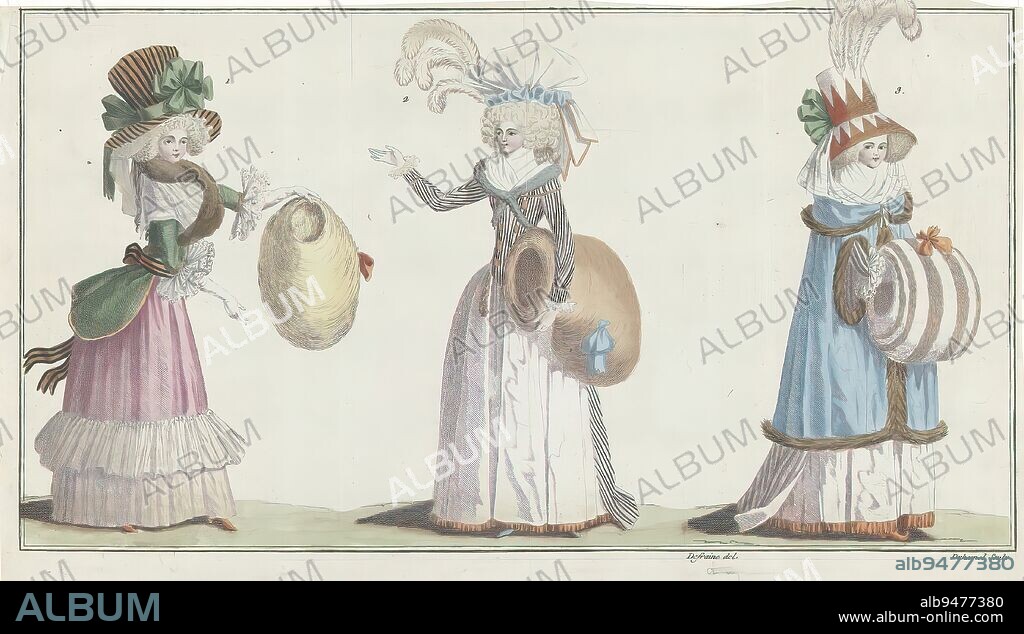Magasin des Modes Nouvelles Françaises et Anglaises, 30 décembre 1787, 3e Année, 5e Cahier, Pl. 1,2,3 (title on object), Three women side by side. Left: green caraco on pink skirt, tall striped hat with green bow; yellow muff; center: redingote of pink striped sto on white satin skirt, tall hat with blue brim and feathers, maroon muff; right: long blue pelisse with striped muff, tall hat decorated with feathers. The print is part of the 5th Cahier, 3rd année, from the series Magasin des Modes Nouvelles Françaises et Anglaises. The series consists of 172 fashion prints, published by Buisson, Paris, 20 novembre 1786 - 21 décembre 1789., print maker: A.B. Duhamel, (mentioned on object), after drawing by: Defraine, (mentioned on object), publisher: Buisson, Paris, 1787, paper, etching, height 179 mm × width 199 mm.