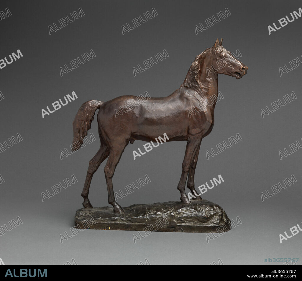 Study of the Horse for the Statue of Major General George Henry Thomas. Artist: John Quincy Adams Ward (American, Urbana, Ohio 1830-1910 New York). Dimensions: 20 x 18 x 5 in. (50.8 x 45.7 x 12.7 cm). Date: 1879, cast after 1910.
This statuette was cast after a preliminary model for the horse in Ward's bronze equestrian statue of Major General George Henry Thomas (1816-1870), a Union officer during the Civil War. The monument was commissioned in 1874 by the Society of the Army of the Cumberland and unveiled in 1879; it stands in Thomas Circle at the intersections of Massachusetts and Vermont Avenues and 14th and M Streets in Washington, D.C. In Ward's preliminary concept, illustrated in the Metropolitan's bronze, the horse is posed so that the forequarters are elevated on the gentle incline of the base. The tail and mane are more windblown in the monumental bronze, but the two versions share the animated posture of the head. This realistic steed revolutionized American equestrian sculpture, turning it away from antique precedents toward more naturalistic, dynamic representations.