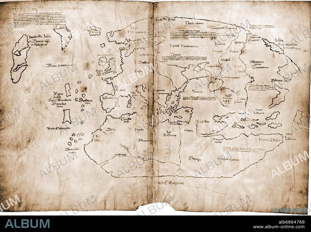 Cartographie / cartes du monde. "Carte Vinland". (Carte historique du monde, prétendument redessinée au 15e siècle sur la base d'un original du 13e siècle; peut-être une contrefaçon de vieux parchemin faite au 19e siècle; si elle était authentique, ce serait la première représentation connue d'un tronçon de côte nord-américain; inscription en haut à gauche: "Avec la volonté de Dieu et après un long voyage à travers la glace de l'île du Groenland vers le sud vers les autres régions ultrapériphériques de l'océan occidental, les compagnons Bjarni et Leif Eriksson ont découvert un nouveau terrain vinicole très fertile, qu'ils appelaient l'île du Vinland. Henricus (= Erik), évêque du Saint-Siège du Groenland et des pays voisins, envoyé dans ce pays vaste et extrêmement riche, arrivé la dernière année de notre Saint-Père Paschalis et y séjournant au nom du Tout-Puissant  pendant longtemps en été et en hiver, est retourné ensuite au Groenland au nord-est et a continué obéissant dans la plus grande humilité à une Volonté supérieure"). Encre sur parchemin (cette dernière étant documentée vers 1434). Bibliothèque de livres et manuscrits rares de Beincke (Beinecke Rare Book and Manuscript Library), MS 350a. New Haven, Yale University.