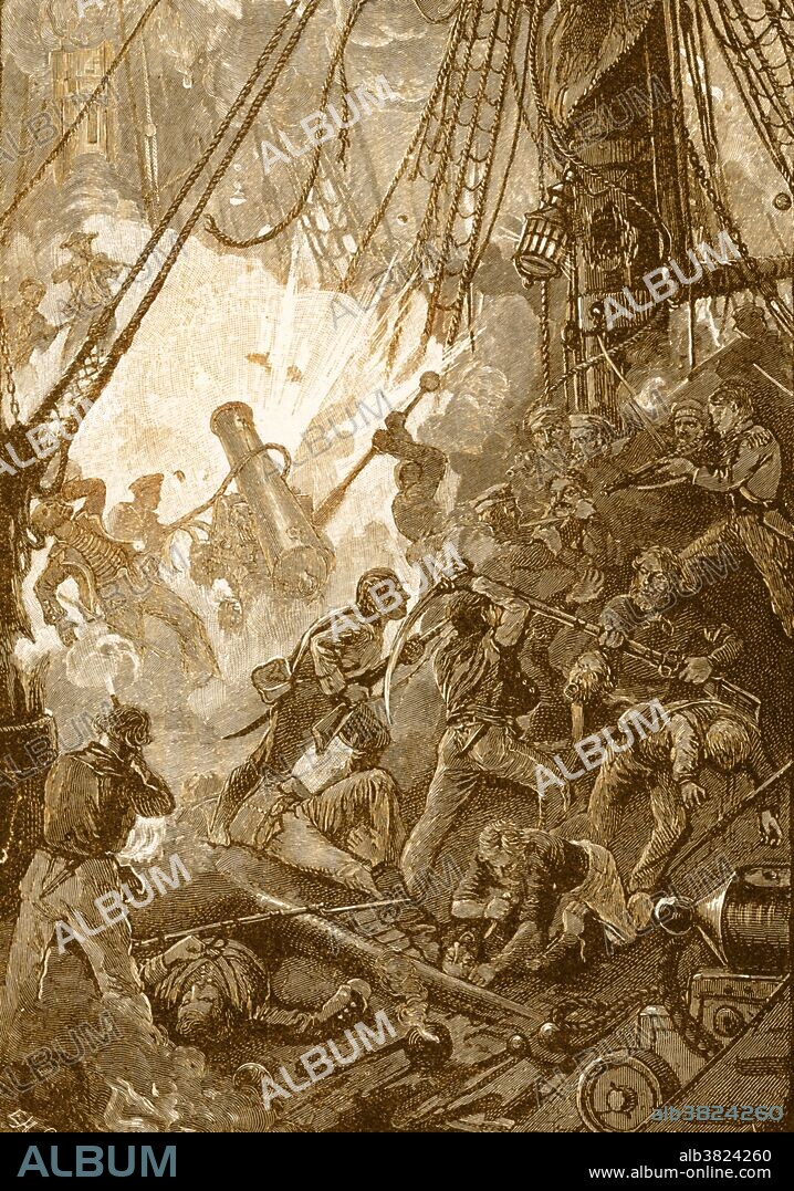 The crews of the USS Bonhomme Richard and HMS Serapis battle it out. The Battle of Flamborough Head was a naval battle that took place on September 23, 1779, in the North Sea off the coast of Yorkshire pitting Jones' Bonhomme Richard against the British ship Serapis. Using its greater maneuverability and heavier guns, the Serapis raked and pounded the Bonhomme Richard. Jones countered by ramming the Serapis and having his crew bind the ships together with grappling hooks. The ships continued firing into each other as both side's marines sniped at opposing crew and officers. An American attempt to board Serapis was repulsed, as was a British attempt to take Bonhomme Richard. During the battle, Jones was famously reputed to have exclaimed "I have not yet begun to fight!" in response to Pearson's demand that he surrender his ship. The victory was the high point of Jones' career. After the war, he served in the Russian navy in the Black Sea in a war with the Turks. Jones died in Paris, still an American citizen, at the age of 45.