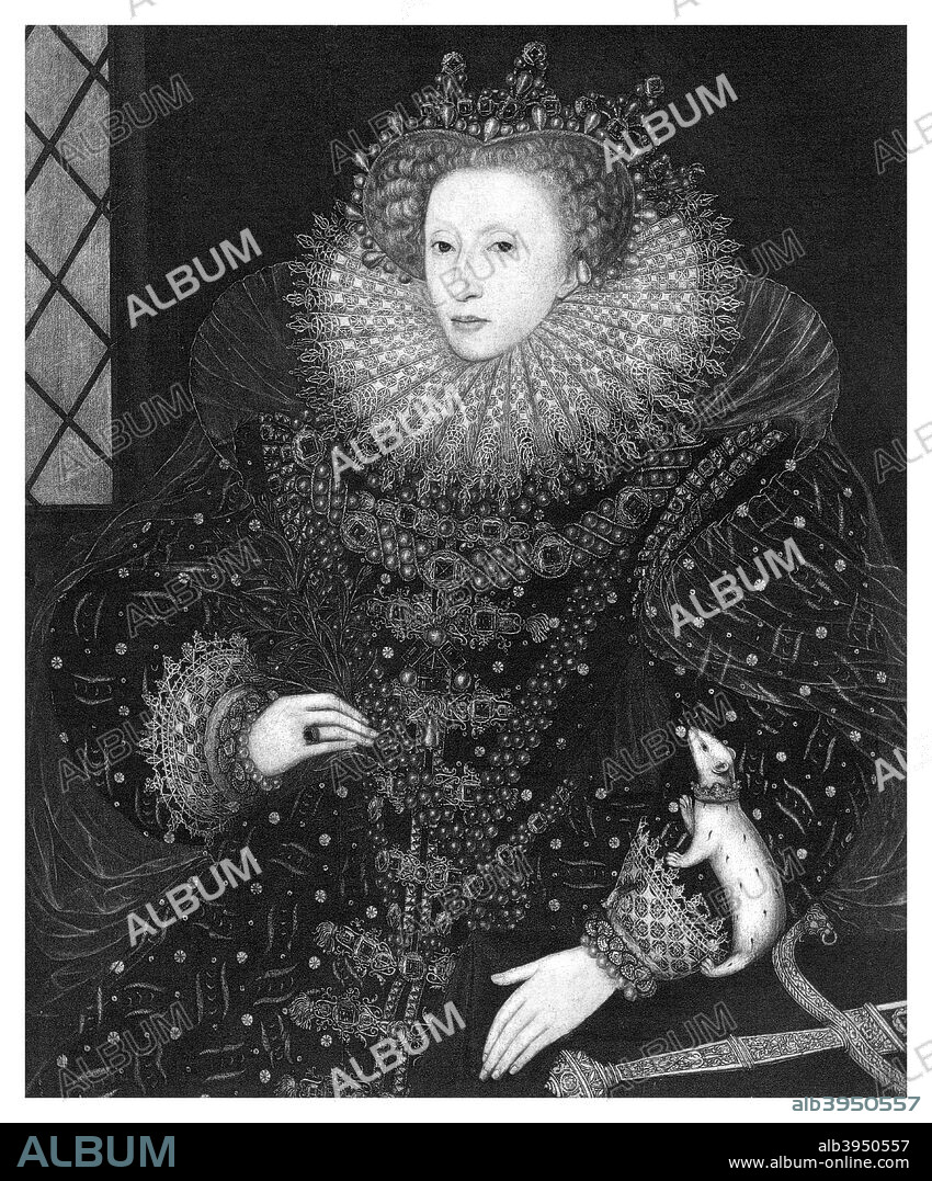 Queen Elizabeth, The Ermine Portrait, 1585, (1896). Portrait of Elizabeth I (1533-1603) with an ermine, used to make fur garments for royalty. Illustration from a picture in the collection of the Marquess of Salisbury, Hatfield House, from a work published by Boussod, Valadon & Co, (1896).