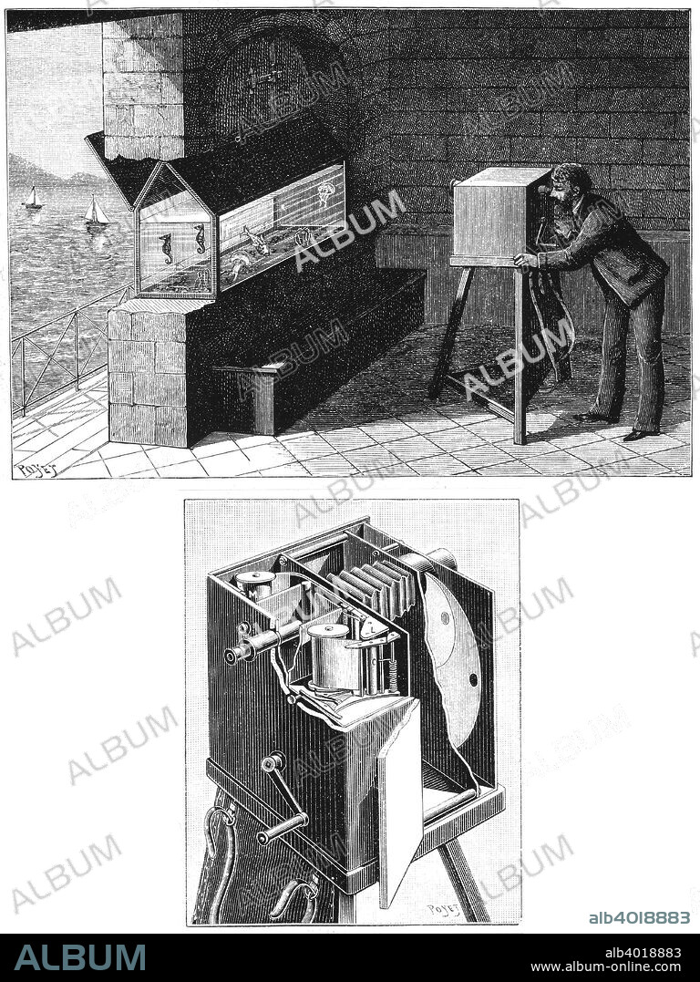 Etienne Jules Marey (1830-1903), French physiologist, with cine camera, 1903. Top: Chambre chrono-photographique, the first cine-camera, is used to study movement of creatures in aquarium. Below: camera detail, showing ribbon of light-sensitive paper by either Eastman or Balagny.