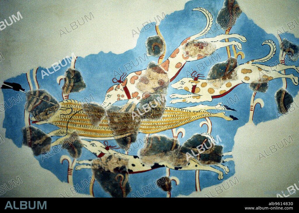 Fresco of a hunting scene (partially restored) from Tirins (Tiryns), Greece, Homeric period, c1000-c700 BC.