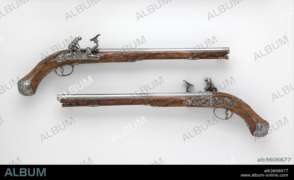 Pair of Pistols with Flintlocks alla Fiorentina. Culture: Italian, Pistoia. Dimensions: L. of each 18 3/8 in. (46.7 cm); L. of each barrel 13 3/8 in. (33.9 cm); Cal. of each .46 in. (11.7 mm); Wt. of each 1 lb. 8 oz. (680 g). Gunsmith: Attributed to Cristiano Leoni (Italian, Pistoia, active ca. 1780). Date: ca. 1750-75.
