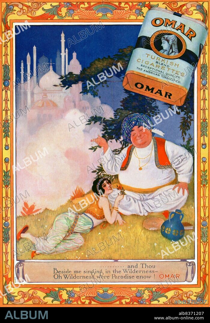 In the early 1900s, manufacturers of Turkish and Egyptian cigarettes tripled their sales and became legitimate competitors to leading brands. In 1911, The American Tobacco Company introduced Omar, a premium Turkish blend cigarette, in order to compete with other leading Turkish brands like Murad.<br/><br/>. The cigarette was named after the medieval Persian poet Omar Khayyam, who experienced a resurgence of popularity from 1900-1930. Advertisements for Omar cigarettes referenced Khayyam's famous poem, The Rubaiyat , and focused on themes of pleasure, leisure, and luxury.
