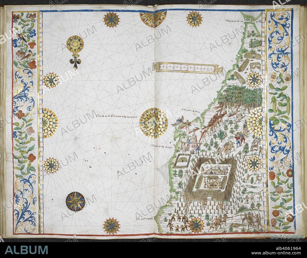 Eastern coast of South America, Brazil with the Straits of Magellan. Jean Rotz, Boke of Idrography (The 'Rotz Atlas'). 1542. Source: Royal 20 E. IX, ff.27v-28. Language: English.