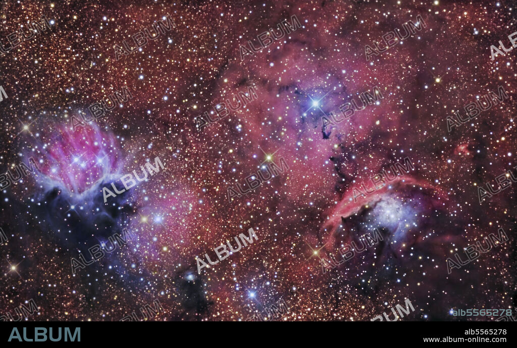 This image displays a major star forming region in the constellation of Sagittarius and features NGC 6559, IC 1274, IC 1275, IC 4685, Barnard 91, Barnard 303 and GN 18.06.6.01.