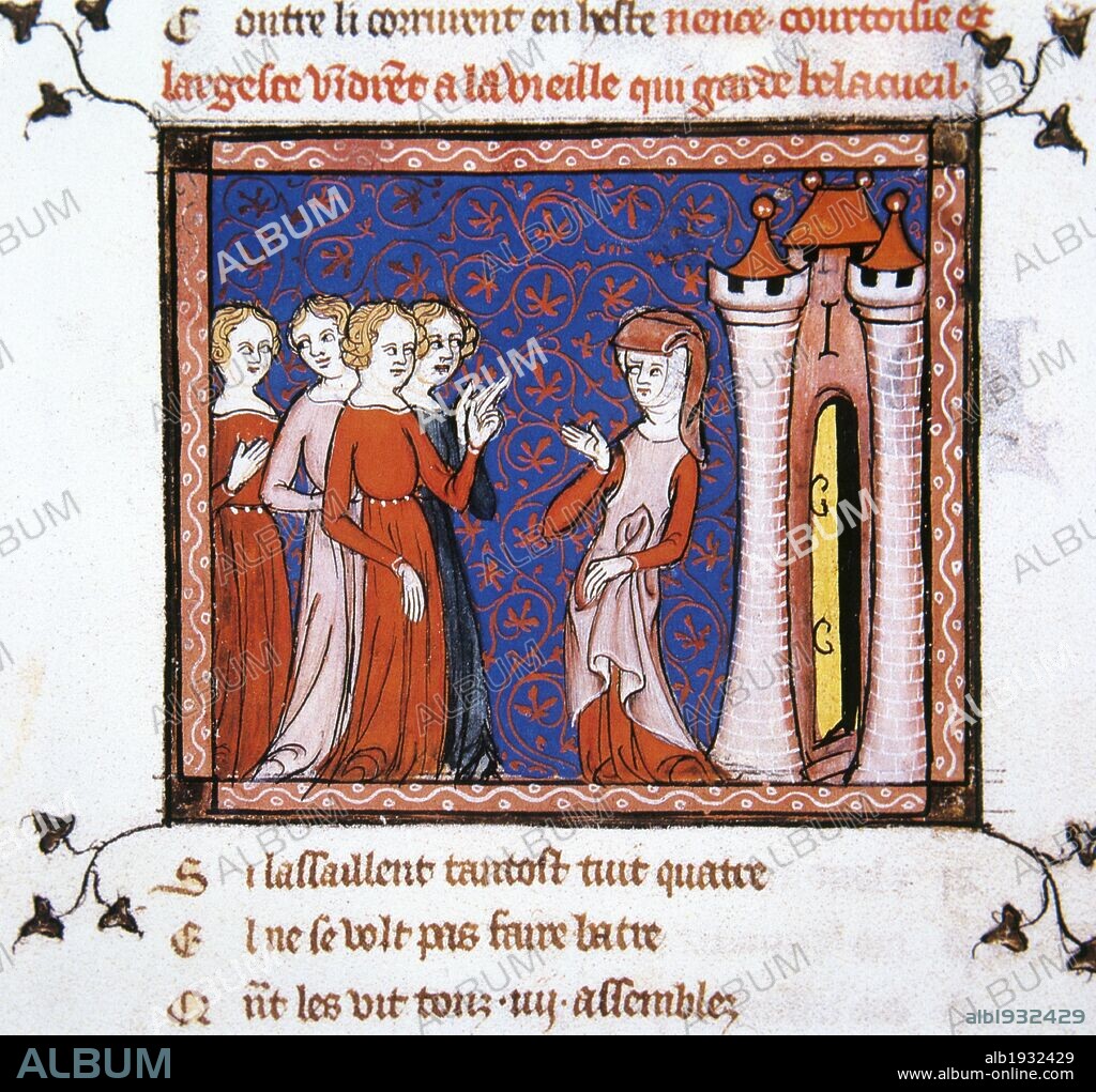 Poem '"Le Roman de la Rose". 13th century. Miniature depicting the Abstinence, Courtesy, Fiction and Generosity before the castle where Belacueil is locked. Chateau de Chantilly. France.