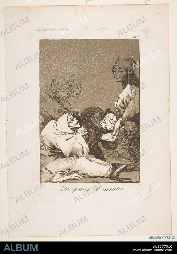 Plate 47 from 'Los Caprichos':A gift for the master (Obsequio á el maestro). Artist: Goya (Francisco de Goya y Lucientes) (Spanish, Fuendetodos 1746-1828 Bordeaux). Dimensions: Plate: 8 3/8 × 5 13/16 in. (21.3 × 14.8 cm)
Sheet: 11 9/16 × 8 1/4 in. (29.4 × 20.9 cm). Series/Portfolio: Los Caprichos. Date: 1799.