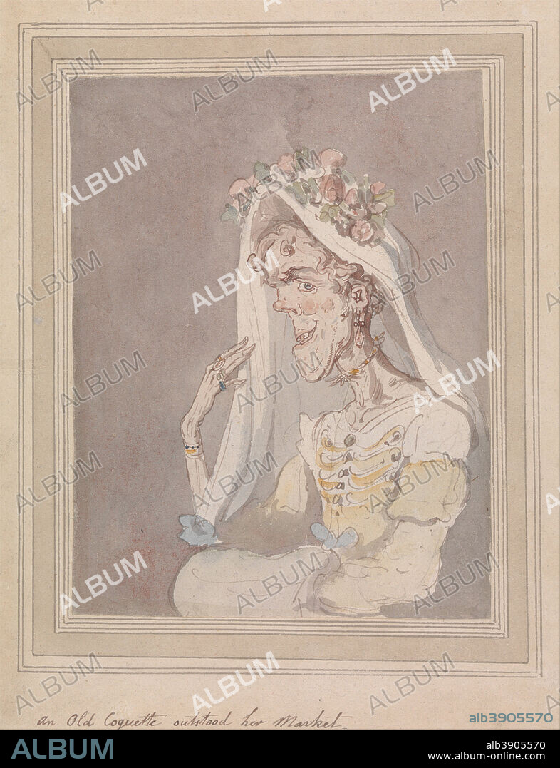 THOMAS ROWLANDSON. An Old Coquette outstood her Market. Date/Period: Between 1815 and 1820. Genre subject. Watercolor with pen and brown and red-brown ink, over graphite, with pen and gray ink wash line on border; verso: graphite and watercolor blots on medium, moderately textured, blued white, wove paper. Height: 241 mm (9.48 in); Width: 179 mm (7.04 in).