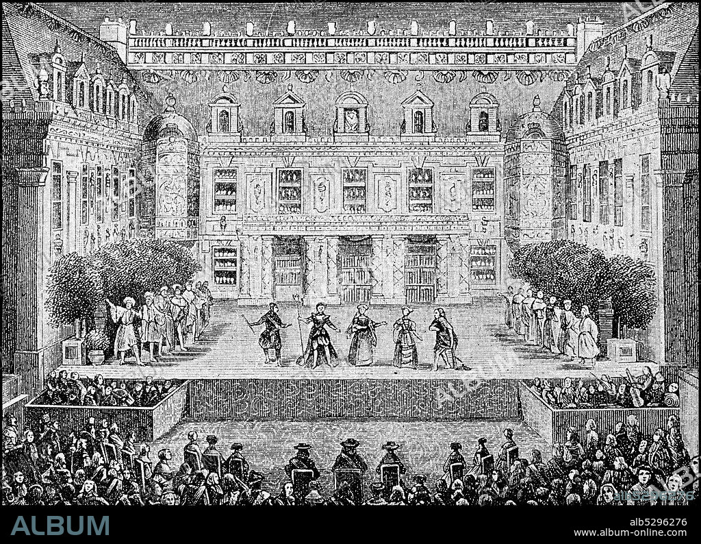 the first performance of the opera Alceste by Jean-Baptiste Lully in the Marble Courtyard at Versaille, 1674, France  /  erste Aufführung der Oper Alceste von Jean-Baptiste Lully im Marmorhof zu Versaille, 1674, Frankreich, Historisch, historical, digital improved reproduction of an original from the 19th century / digitale Reproduktion einer Originalvorlage aus dem 19. Jahrhundert.