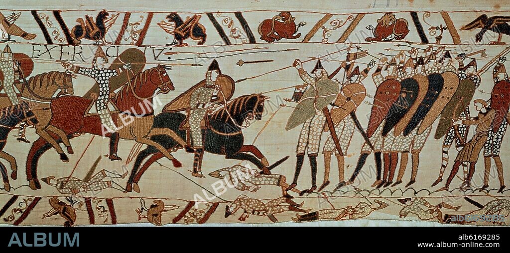 DETALLE DEL TAPIZ DE BAYEUX - CONQUISTA DE INGLATERRA POR PARTE DE LOS NORMANDOS - SIGLO XI -  BATALLA ENTRE SAJONES Y NORMANDOS.